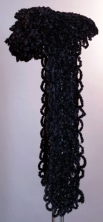Widow's hood, black chenille in loops, tufted top and long hanging slips at the side, hood hat headgear women's clothing velvet