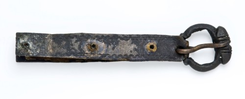 Buckle with long fastening strip, hinged buckle, clasp fastener component soil find bronze brass copper metal, archeology
