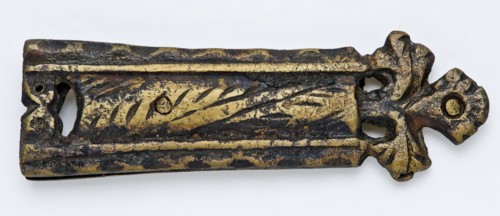 Brass tongue, elongated from two parts riveted together, engraved decoration, fitting belt clothing accessory clothing soil find