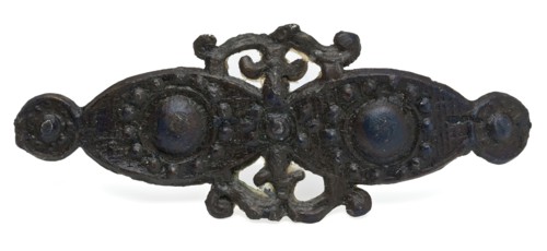 Pewter ornamental brooch, elongated two ovals with ball in the middle, brooch? ornamental pin jewelry clothing accessory