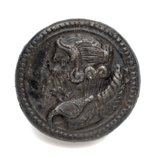 Tin button with bust embossed, knot clothing accessory clothing soil find tin iron metal, cast Pewter knot Disc shaped