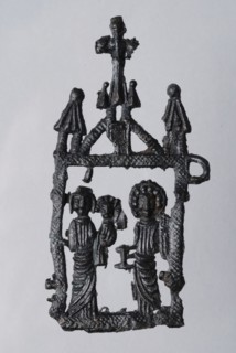 Pilgrim's badge, openwork maria with child, angel with candlestick, pilgrims insignia insignia devotionalia earth discovery tin