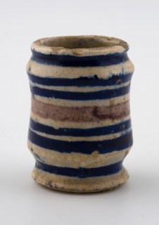 Small majolica albarello with blue and purple decor of bands on white ground, albarello holder soil find ceramic earthenware