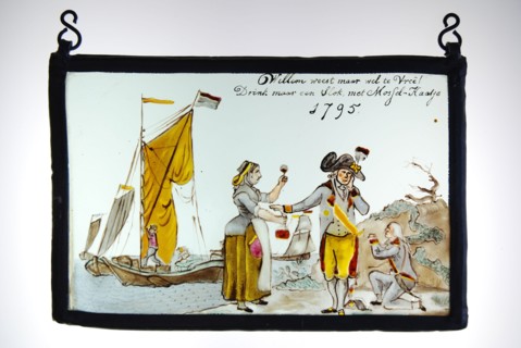 Window hanger depicting the flight of Stadholder Prince Willem V (1748-1806) from the beach in Scheveningen in 1795, stained