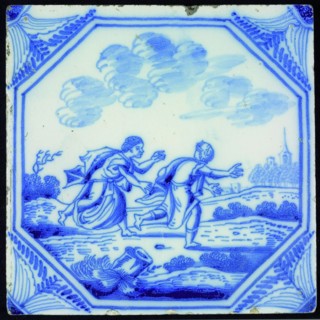 atelier Aalmis, Tile with mythological scene with Byblis and Caunus, in octagon with feathered corners, wall tile tile sculpture