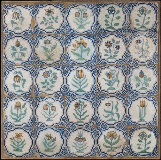Tile field of 25, five high, five wide; flowers, including tulip, daffodil, blue grape, fritillary, on ground, corner motif
