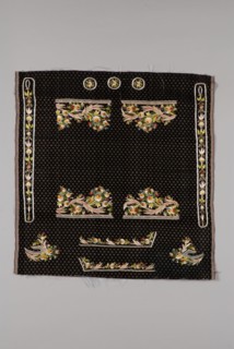 Uncut jacket of aubergine velvet embroidered with floral motifs: embroidered on velvet in five parts