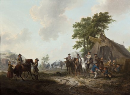Dirk Langendijk, Hussars and infantrymen of regiments 'on Holland', at tent of vendor or marketer, painting footage wood oil