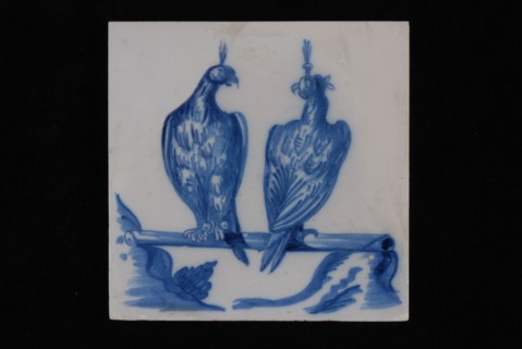 Jan Aalmis sr., Blue white tile with two falcons sitting on stick, wall tile tile sculpture ceramic earthenware glaze, baked 2x