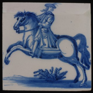 Jan Aalmis sr., Tile, blue on white, with an image of jumping rider, wall tile tile sculpture ceramic earthenware glaze, baked