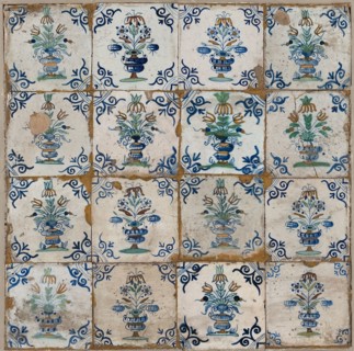 Tile field, four high, four wide, flower vase with flowers, corner motif ox's head, tiled field wall tile tile sculpture ceramic