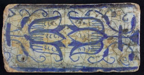 Blue border tile, waving floral pattern with tulips, above and below blue border, edge tile wall tile tile sculpture ceramic