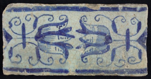 Blue border tile, waving floral pattern with tulips, above and below blue border, border tile wall tile tile sculpture ceramic