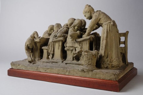 Simon Miedema, Model of handcrafted class, painted bronze-colored in wooden box, sculpture visual material model ceramics