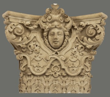 Kapiteel of pilaster, decorated with woman's head and acanthus motifs in relief, capitals building component gypsum paint, d 14.