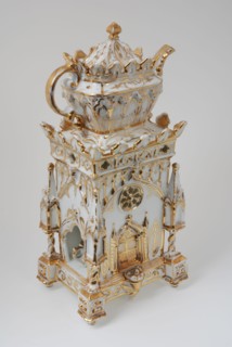 White with gold teapot and cup in cathedral-shaped holder, teapot tea cup cup crockery holder ceramic porcelain glaze h 11.0