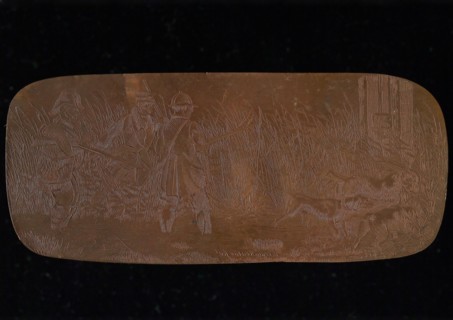 Copper cliché with hunters and dogs, cliché printer's equipment copper, engraved Red copper plate with three men