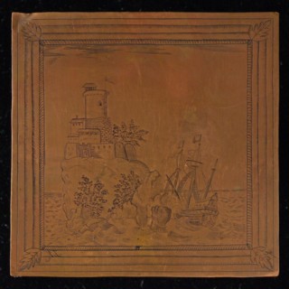 Copper cliché with ship and tower on rock, cliché printing equipment copper, engraved Red copper plate with three-master