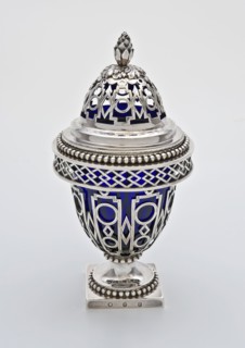 Silversmith: Johannes Petrus Sondag, Silver potpourri pot, with ovoid open body with cap in the form of pine cone and blue