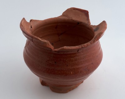 Pottery pot, red shard, externally glazed, on stand, pot holder soil find ceramic earthenware glaze lead glaze, hand-turned