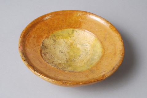 Small earthenware dish or salt dish, glazed in yellow and brown, on stand, salt bowl salt barrel tableware holder soil find