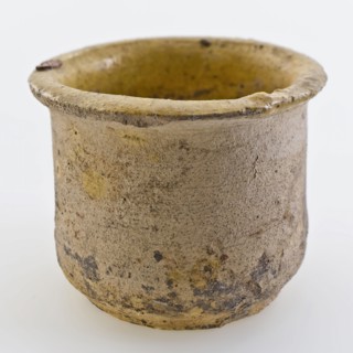 Pottery ointment jar, white shard, internally glazed yellow, ointment jar pot holder soil find ceramic earthenware glaze lead