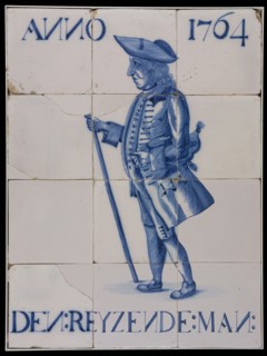 Tile panel, man with walking stick and bag under the arm, with the reyzende man, tile picture material ceramics pottery glaze