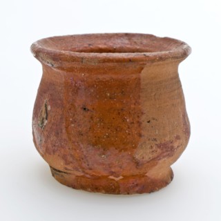 Pottery belly model ointment jar, red shard, internally glazed, ointment jar holder soil found ceramic earthenware glaze lead