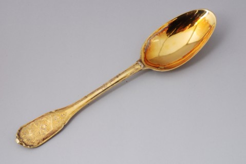 Gilt spoon with oval bowl, spoon plate cutlery silver gold, forged gilt steel tray. With embossed oval medallion band work. Pine