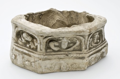 Pipes pedestal of statue of Madonna, sculpture footage earth discovery pottery earthenware pipe earth, in mold formed baked