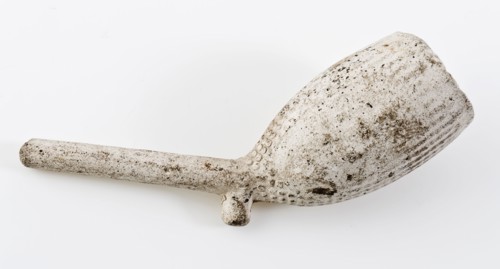 White pipe bowl, embossed with sets of dots and two oval portraits, clay pipe smoking equipment smoke floor earthenware ceramic