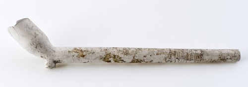 White clay pipe, marked, with decorated handle, clay pipe smoking equipment smoke floor earthenware ceramics pottery, hand
