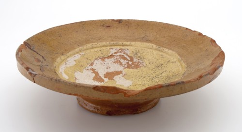 Earthenware dish, entirely glazed in brown and yellow, on stand, dish plate tableware holder earth discovery ceramics