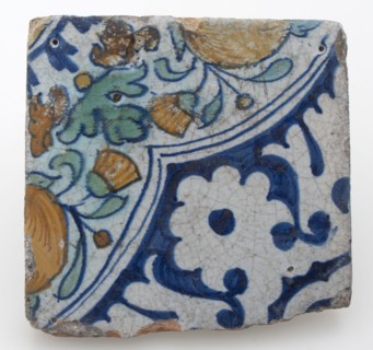 Tile, out of four, with polychrome fruits, flowers, leaves and blue palm corner, wall tile tile sculpture earth discovery