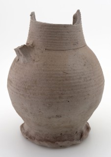 Fragment stoneware jug, sphere model with wide vertical ear, on squeeze foot, can crockery holder soil find ceramic stoneware