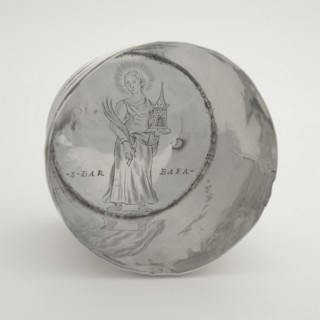 Silver pottery jar or masonry bucket with image H. Barbara, tub bowl model, hammered drawn engraved Round layer and slightly