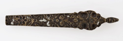 Cutlery holder with embossed decoration and remnants of enamelled enamel, has knife cutlery soil find brass bronze copper enamel