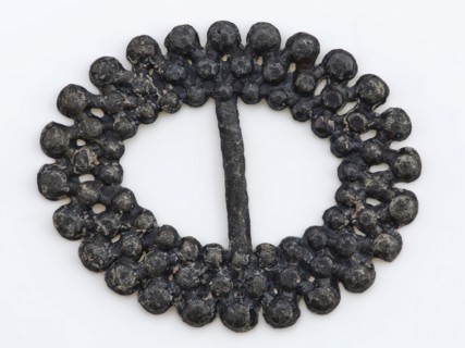 Pewter buckle, oval with wide edged edge, clasp fastener component soil find tin metal, Pewter ornamental buckle archeology
