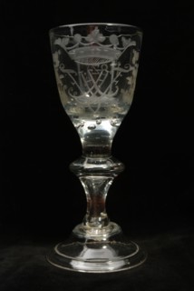 Chalice glass engraved with monogram and year 1782, wine glass drinking glass drinking utensils tableware holder glass, free