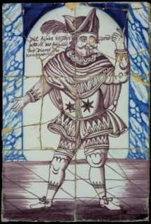 Tile panel, six tiles, purple and blue on white, with jester and This is not matter of sin: lunatics who do not