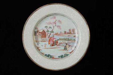 Plate with image Tsar Peter the Great in Zaandam (1697), plate crockery holder ceramic porcelain glaze, baked glazed painted