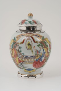 Porcelain tea caddy, tea caddy holder ceramic porcelain glaze silver, baked glazed painted enamelled, ovoid on foot chine