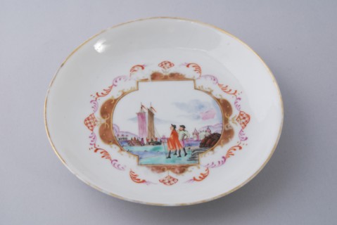 Dish with image of western men on quay and boats on river, cup and saucer drinking utensils tableware holder tableware ceramics