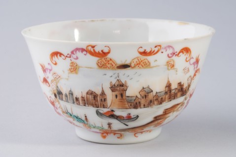 Cup with picture boat on river and meeting westerners with crowned man, Tsar Peter, cup and saucer drinking utensils tableware