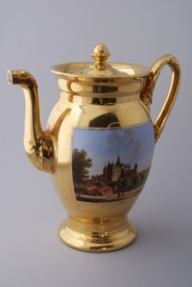 Teapot with lid, part of coffee and tea service with cityscapes, teapot tea set tableware holder ceramic porcelain glaze, baked