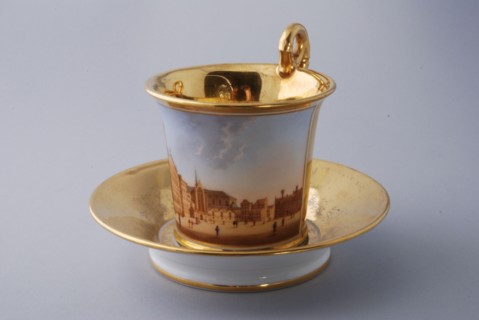 Cup and saucer, part of coffee and tea service with cityscapes, cup and saucer coffee service tea service tableware ceramics