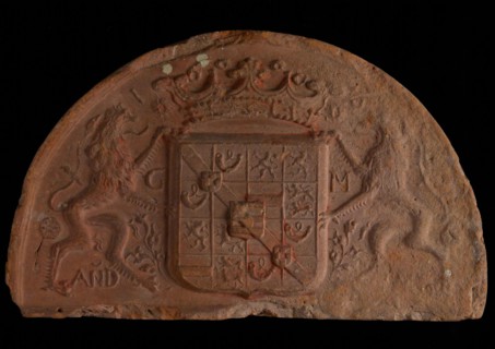 Hearthstone, capstone, with the crowned coat of arms of Maurits van Nassau, stone fireplace hearth part ceramic brick, baked