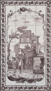 tile manufacturer: atelier J. Aalmis, Verwijk (1790 - 1843), Purple tile picture in metal frame, man (Abraham), wife, Hagar