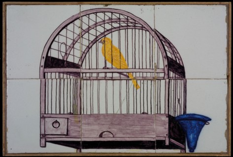 Van der Wolk, Rotterdam tile picture, yellow, purple and blue on white, canary in bird cage, with dark blue water bowl, tile