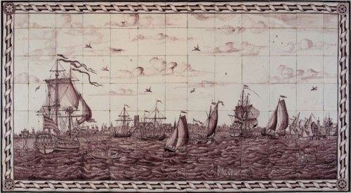 Jan Aalmis jr. of, Purple tile picture with view of Rotterdam, tile picture material ceramic earthenware glaze, baked 2x glazed